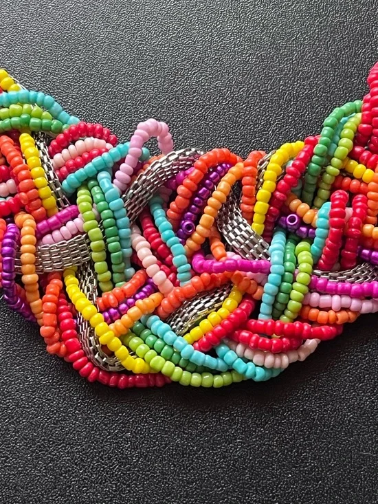 Vibrant Multi-Strand Braided Seed Bead Statement Necklace - Boho Mesh Accents - Picture 2 of 4